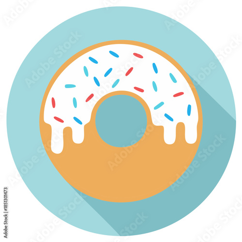 Colorful donut illustration with icing and sprinkles in a circular shape and shadow effect.