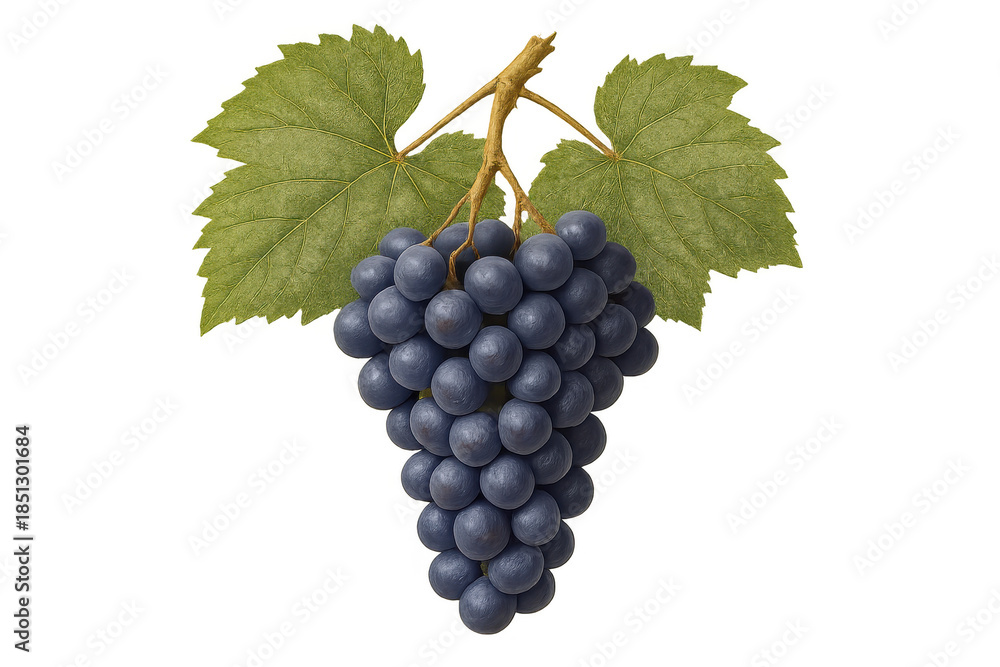 Fototapeta premium Fresh purple grapes cluster hanging from a vine stem with green leaves, transparent background