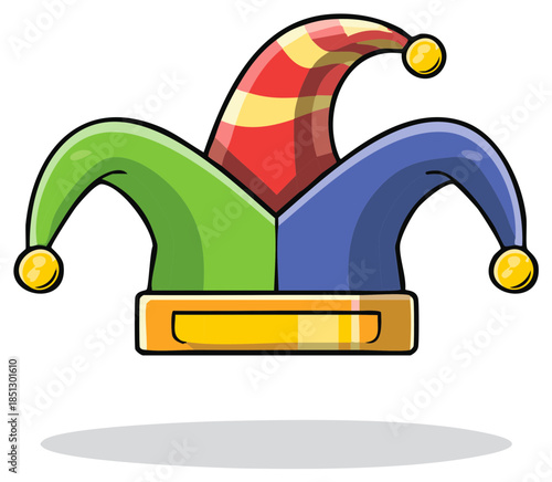 Jester hat with bells, colorful, cartoon style party accessory, fun costume, humor