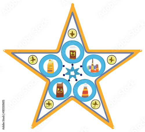 Colorful star emblem with icons representing consumer goods and industrial production
