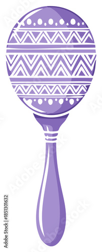 Vibrant purple maraca musical instrument adorned with white geometric patterns perfect for festive occasions