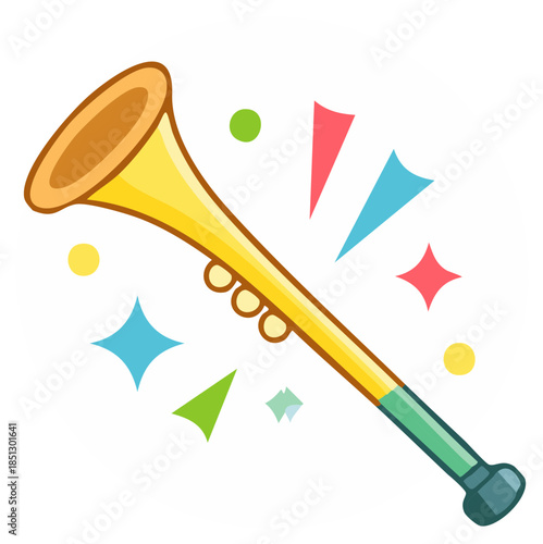 Cartoon Party Horn with Colorful Confetti and Festive Sparkle Elements