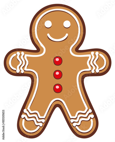 Cartoon gingerbread man with smile, red buttons, and white icing details