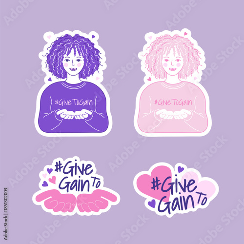 GiveToGain-themed stickers for International Women's Day. A cute character portraying a girl with her hands clasped together, symbolizing the feminist movement and women's aid. Vector, hand-drawn.