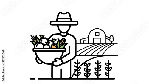A cartoon illustration of a gardener woman watering flowers in a decorative pot alongside a coffee cup and tea bowl icon design for a cafe
