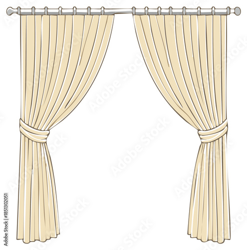 Hand drawn illustration of elegant beige curtains tied back on a curtain rod