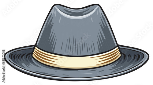 Stylish grey fedora hat with tan band and black trim, cartoon style