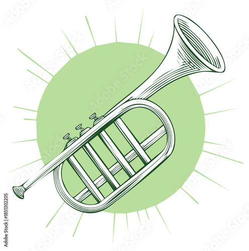 Classic brass trumpet line art illustration with radiating green circle