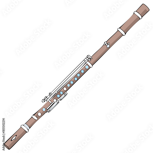 Wooden orchestral woodwind instrument with silver keys and blue pads