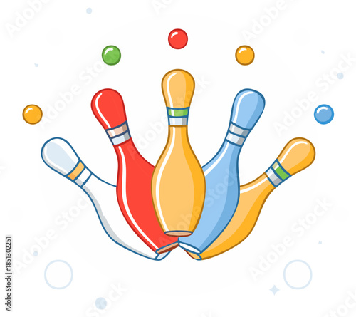 Colorful bowling pins and balls arranged in a playful pattern