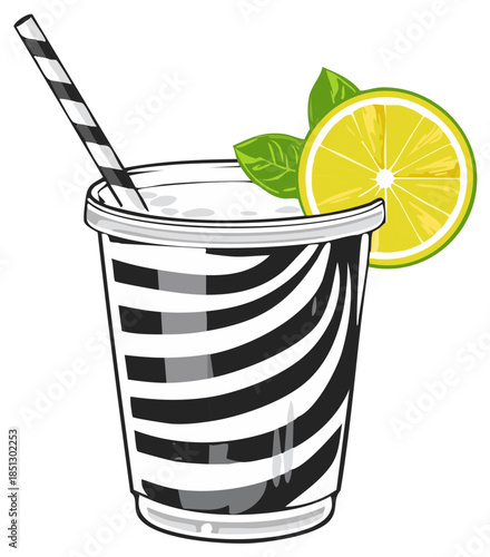 Refreshing beverage in a stylized striped cup with lemon and mint garnish