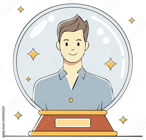Illustration of a man inside a crystal ball, future or fortune telling concept.