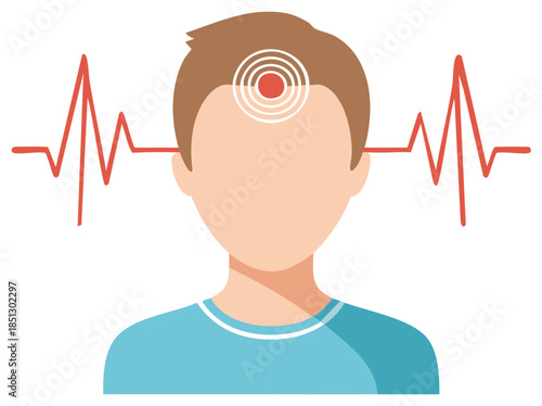 Man With Headache And Heart Rhythm Line, Tension, Health Problems, Medical Concept