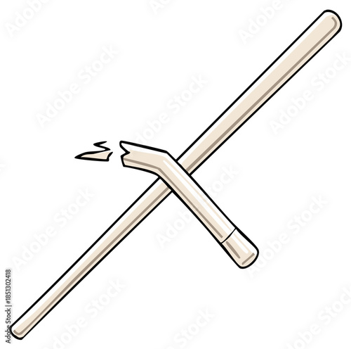 Depiction of Crossed Sticks with One Broken and Splintered on a White Background