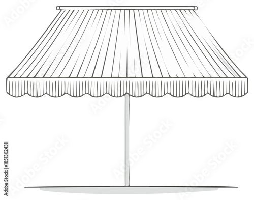 Vintage striped awning with scalloped trim and center pole hand-drawn sketch