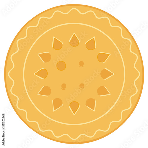 Simplified illustration of a round cookie in yellow tones with decorative edging