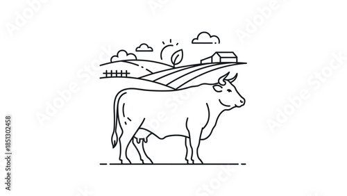Black vector silhouette illustration of a wild deer with big horns and farm animals like a bull or cattle isolated on a white background