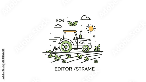 Vector illustration of a construction site design featuring a green eco tractor and bulldozer as a natural agriculture transport symbol for recycle energy and ecology delivery