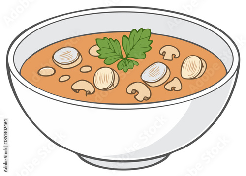 Cartoon illustration of a warm bowl of creamy mushroom soup garnished with fresh parsley