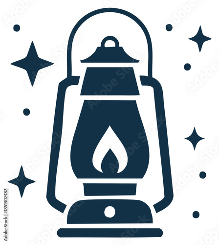 Vintage Camping Lantern Icon with Bright Flame and Sparkling Stars Illustration