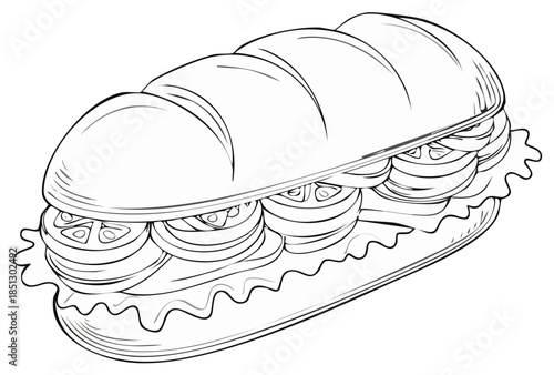 Drawn sub sandwich illustration with layers of vegetables, a classic restaurant meal