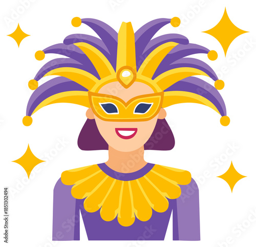 Woman Wearing Carnival Mask and Festive Jester Hat with Gold Glitter