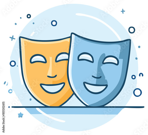 Theater Masks Concept with Gold and Blue Comedy Dramatic Symbolism Illustration