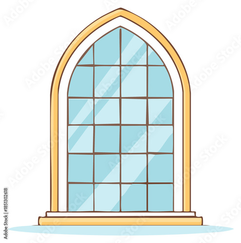 Decorative Gothic Style Arched Window Illustration with Pointed Top and Multiple Glass Panes