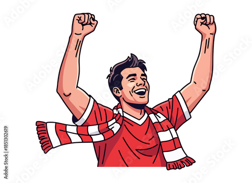 Passionate football fan celebrating victory with raised fists and team scarf, energetic soccer supporter illustration expressing excitement, pride, and championship spirit