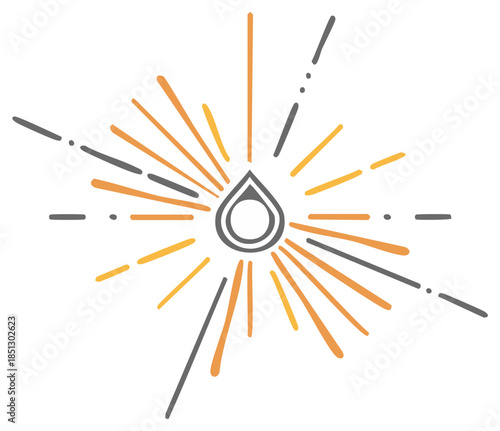 Simple illustration of a water drop with rays radiating outwards symbolizing energy or health