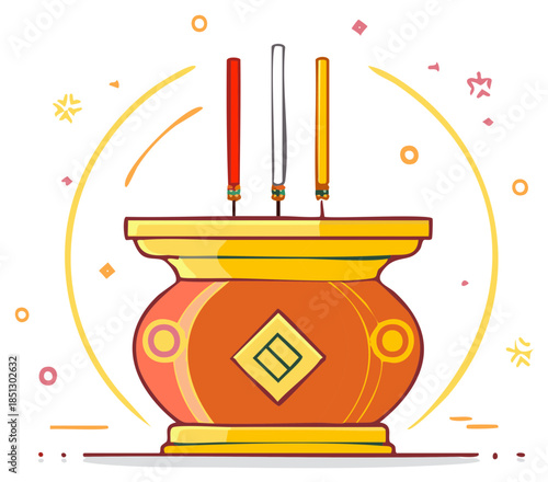 Chinese incense burner with candles in red, silver and gold with a geometric pattern and round decorations