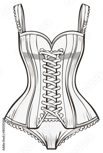 Elegant vintage corset bodysuit with lace-up front line art illustration