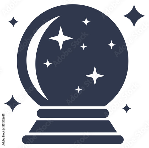 Crystal ball with stars and crescent moon, fortune-telling concept illustration