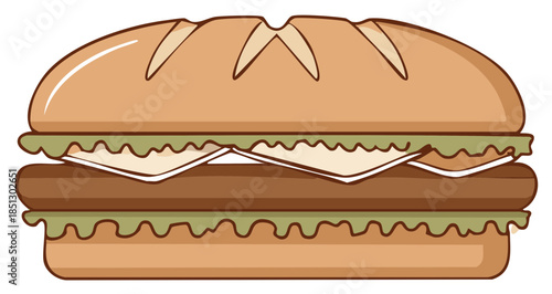 Appetizing Cartoon Sausage Sandwich with Melted Cheese and Fresh Lettuce