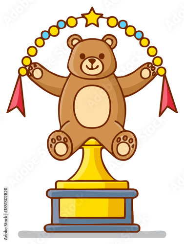 Cartoon teddy bear on a trophy holding decorative garland with flags; cartoon vector