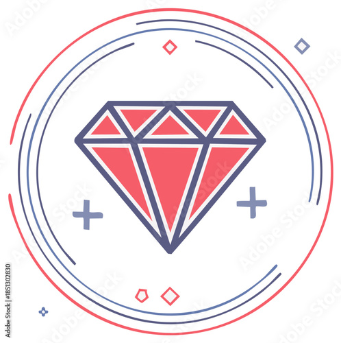 Stylized Geometric Gemstone Icon with Abstract Circular Design and Plus Symbols