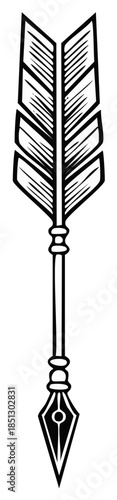 Monochrome illustration of a decorative arrow featuring feather and pen nib design.