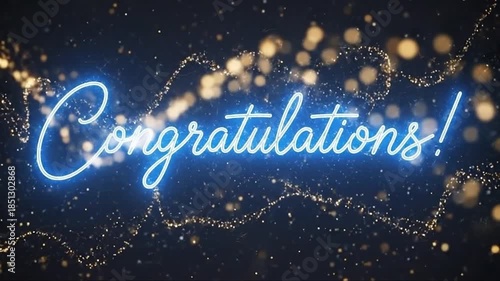 Sparkling Celebration Sequence with Neon Congratulations Over Dynamic Gold Light Trails