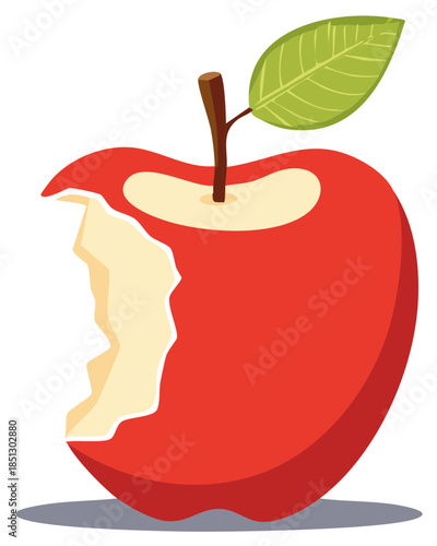 Fresh vibrant red apple illustration with a visible bite taken, symbolizing healthy eating and natural snack.