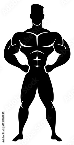 Muscular man silhouette with strong physique showing abs and biceps fitness strength