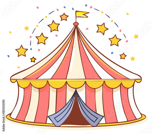 Cartoon Style Circus Tent Illustration with Stars and Confetti Decoration