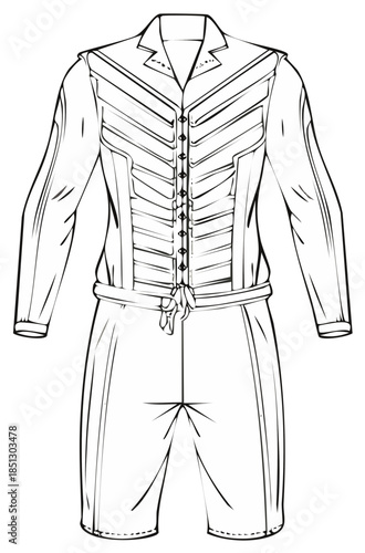 Line drawing illustration of a tailored jumpsuit, showcasing detailed design elements for fashion.