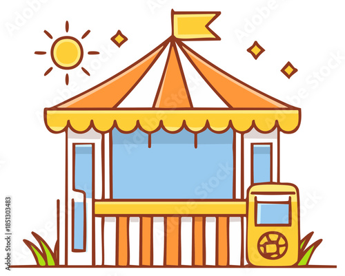 Cheerful cartoon carnival booth with striped awning and flag under a bright sunny sky