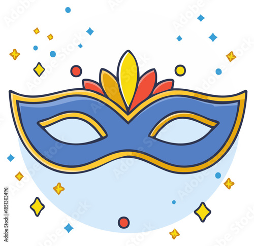 Festive blue masquerade mask with colorful feathers and sparkling confetti celebration