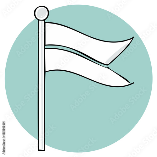 White flag on a pole, symbolizing surrender or truce, waving against a blue-green circular background, vector illustration