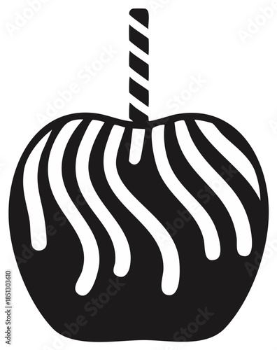 Candy apple illustration with stripes on a stick in black and white for posters and autumn promotions.