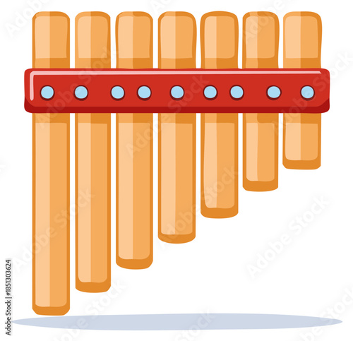 Wooden pan flute musical instrument with red holder and blue accents