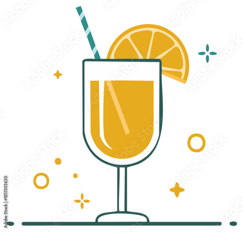 Refreshing summer cocktail with orange slice and straw vector illustration