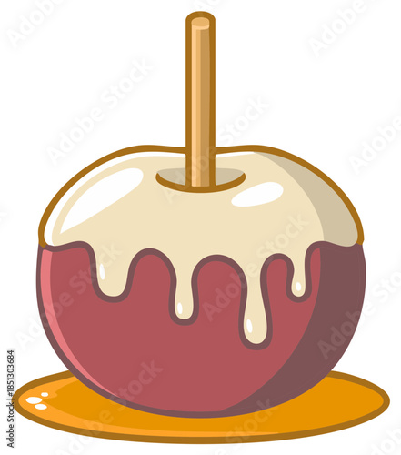 Caramel Apple with Dripping Topping and Wooden Stick on Yellow Dish