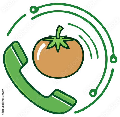 Green telephone receiver and cartoon tomato icon with digital communication lines.